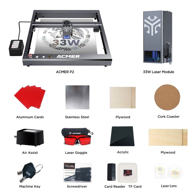 ACMER P2 33W Mesin Pemotong Laser Engraver, Kayu Desktop Laser Engraver Dan Cutter Kecepatan Tinggi 30000mm/min