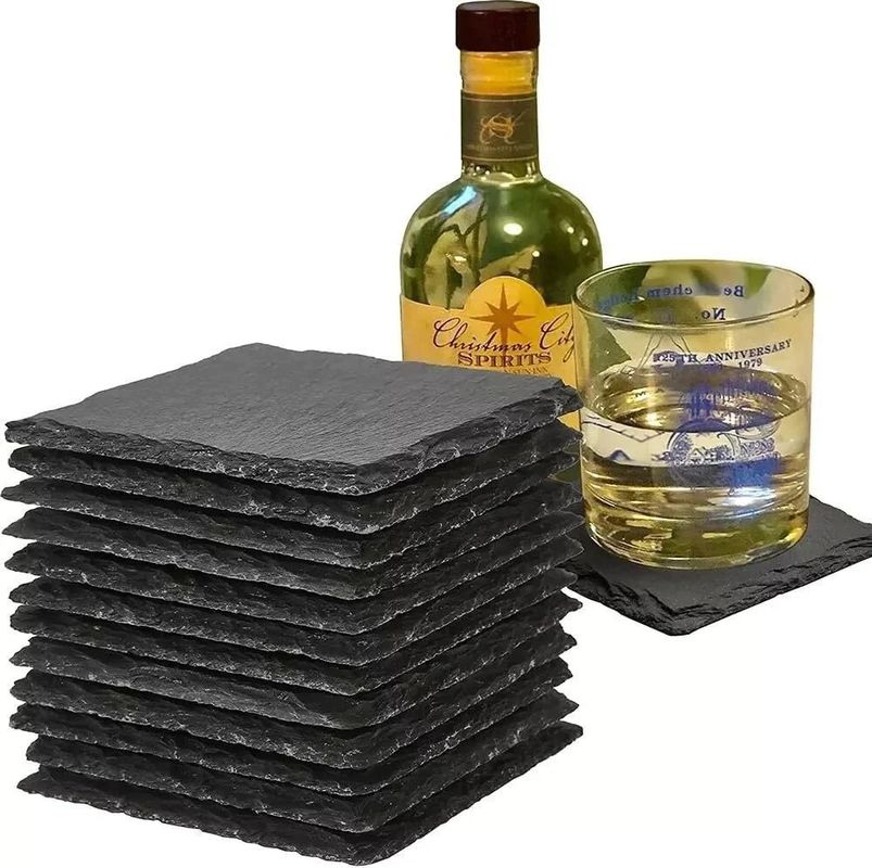 Slate Stone Minuman Coasters Hitam Natural Edge Slate Stone Plate Untuk Bar Dan Rumah