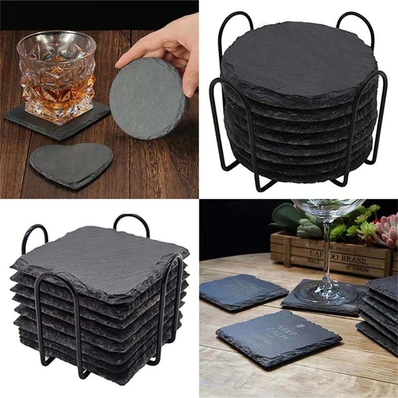 Slate Stone Minuman Coasters Hitam Natural Edge Slate Stone Plate Untuk Bar Dan Rumah
